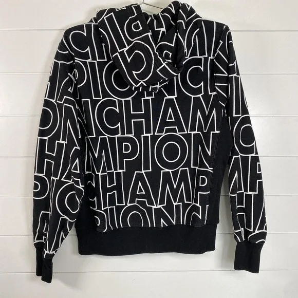 Champion Reverse Weave Hoodie Mens Medium Black All Over Pullover Sweatshirt - Picture 7 of 12